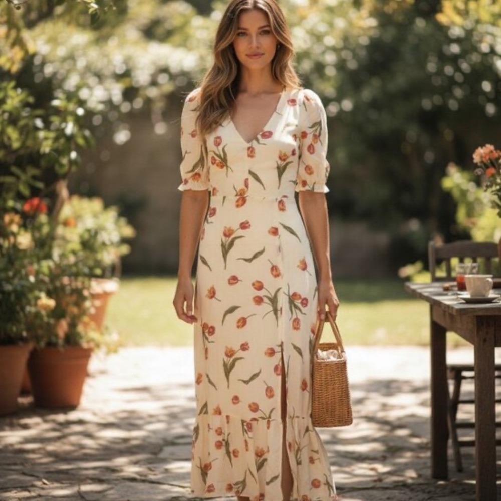 REFORMATION Nantes Dress in the Bianca Tulip Print Midi Size 10